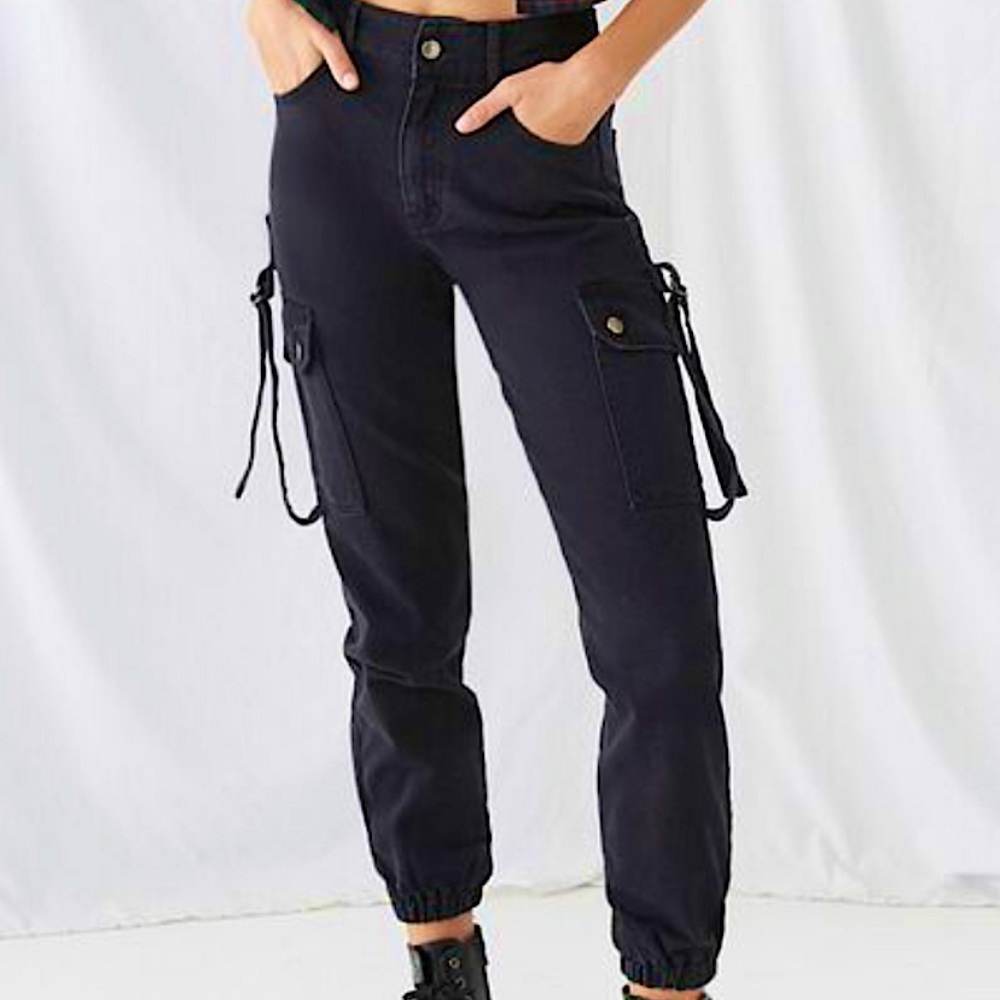 Black denim cargo joggers with buckles on the side